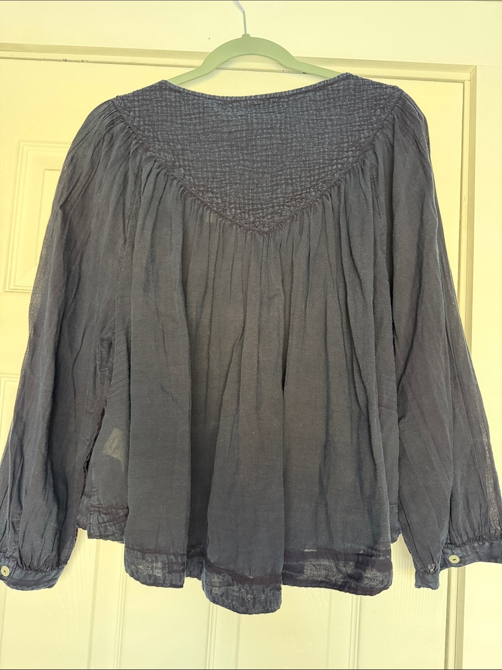 Free People Navy Smocked Yoke Button-Down Peasant Blouse - Picture 3 of 4